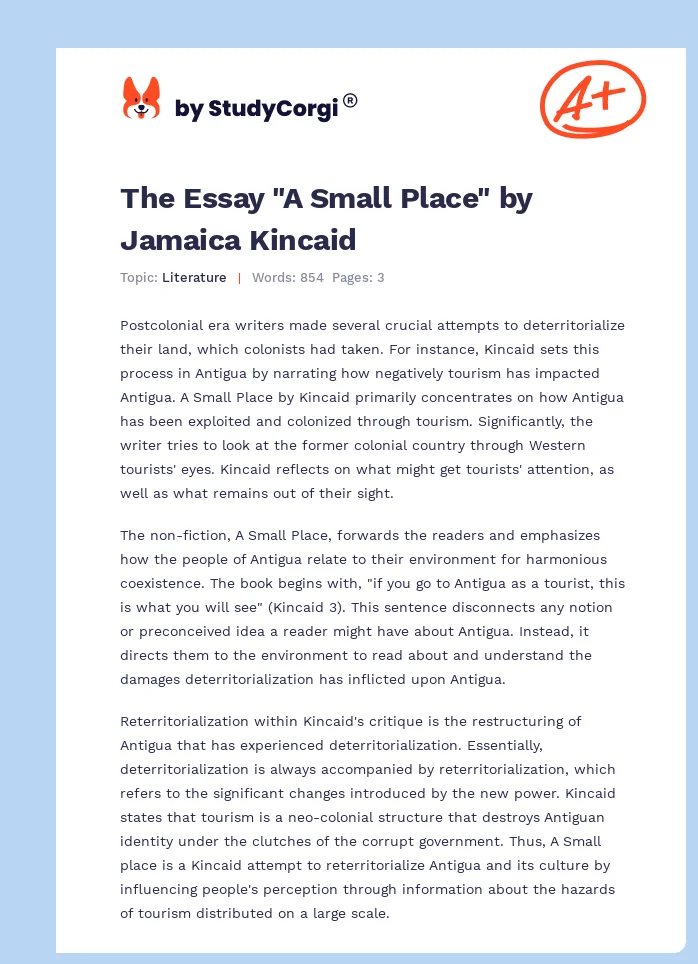 The Essay "A Small Place" by Jamaica Kincaid. Page 1