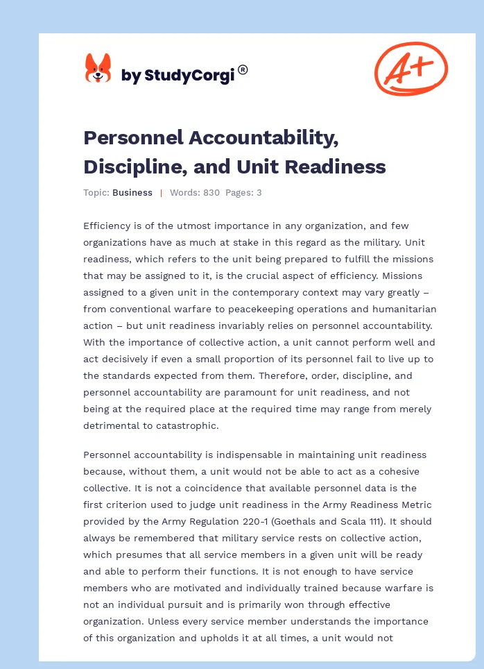 Personnel Accountability, Discipline, and Unit Readiness. Page 1
