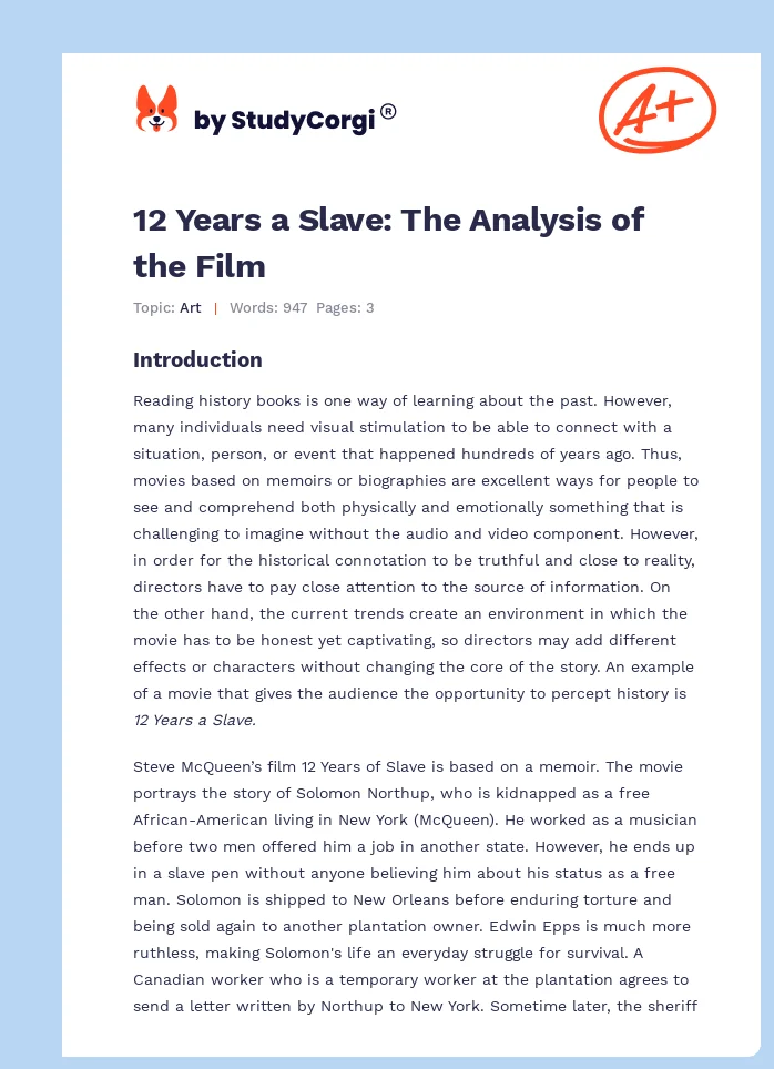 12 Years a Slave: The Analysis of the Film. Page 1