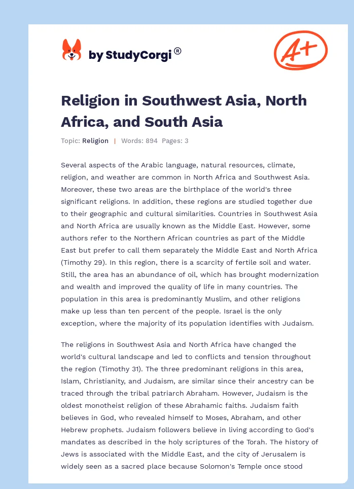 Religion in Southwest Asia, North Africa, and South Asia. Page 1