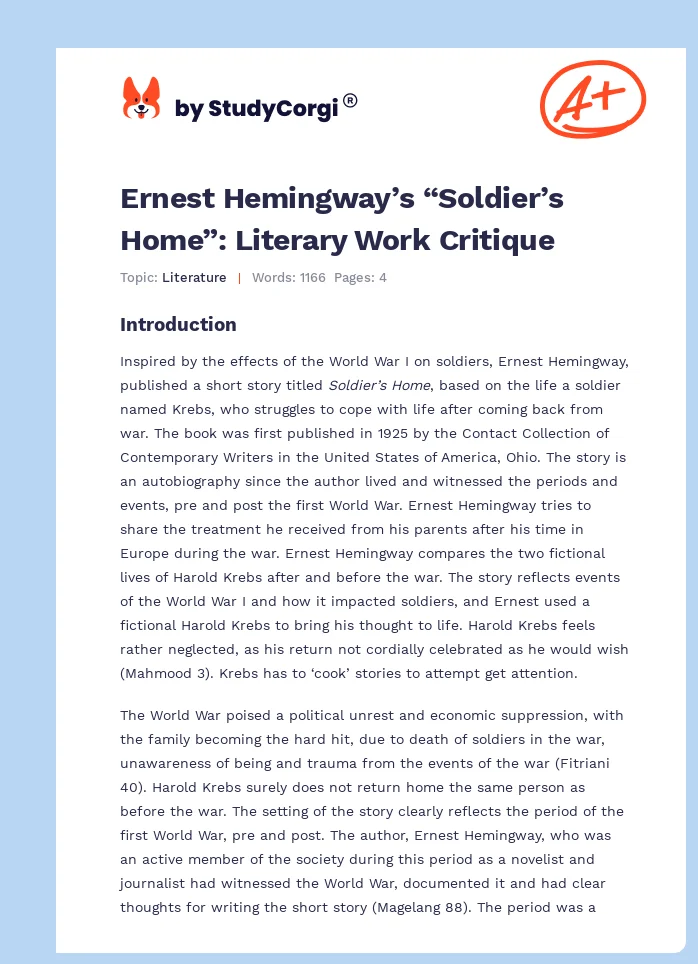 Ernest Hemingway’s “Soldier’s Home”: Literary Work Critique. Page 1
