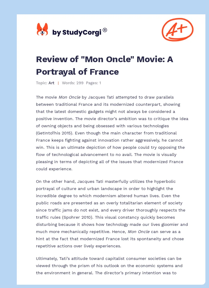 Review of "Mon Oncle" Movie: A Portrayal of France. Page 1