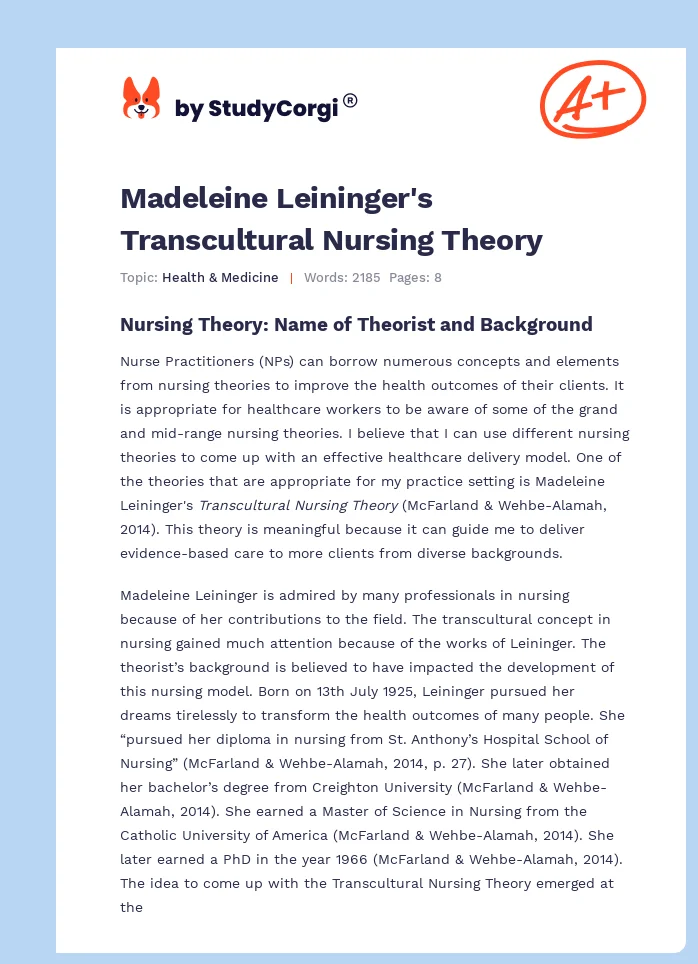 Madeleine Leininger's Transcultural Nursing Theory. Page 1