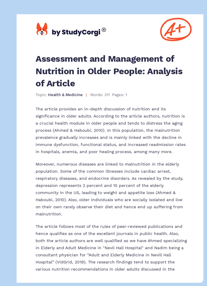 Assessment and Management of Nutrition in Older People: Analysis of Article. Page 1