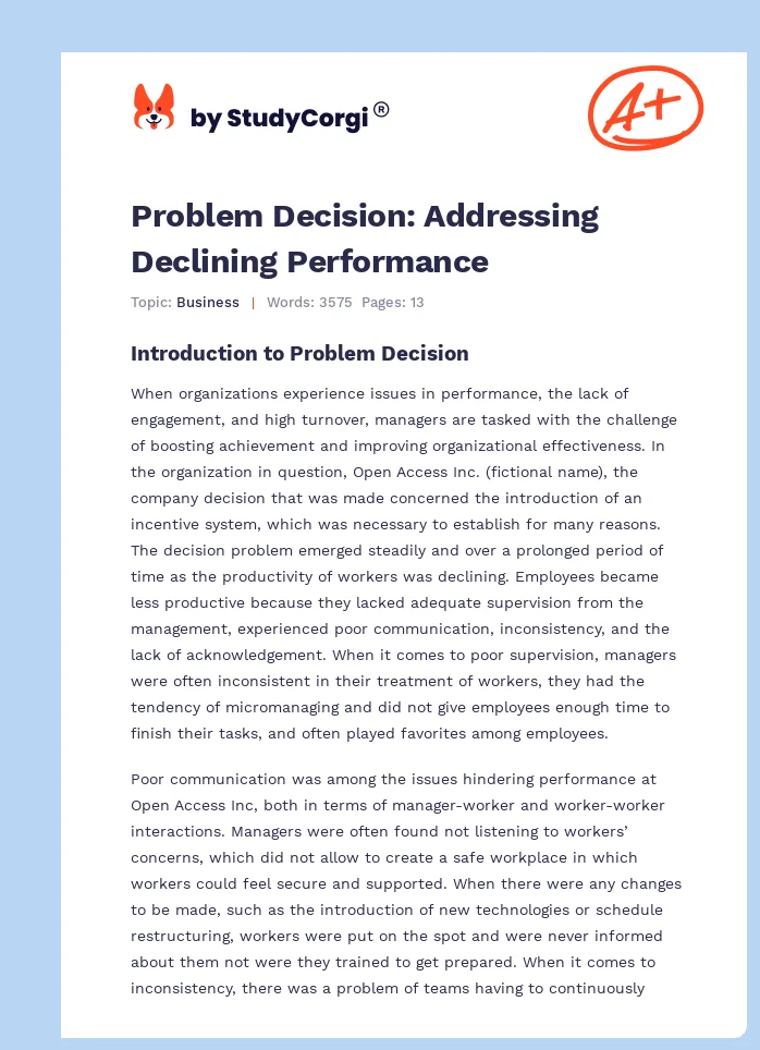 Problem Decision: Addressing Declining Performance. Page 1