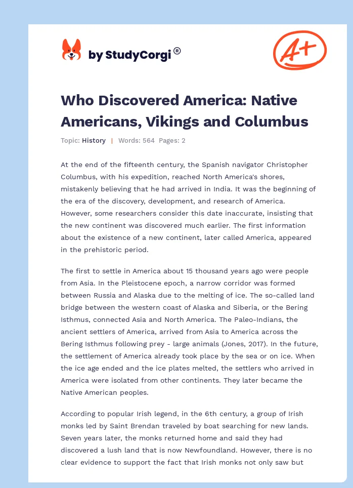 Who Discovered America: Native Americans, Vikings and Columbus. Page 1