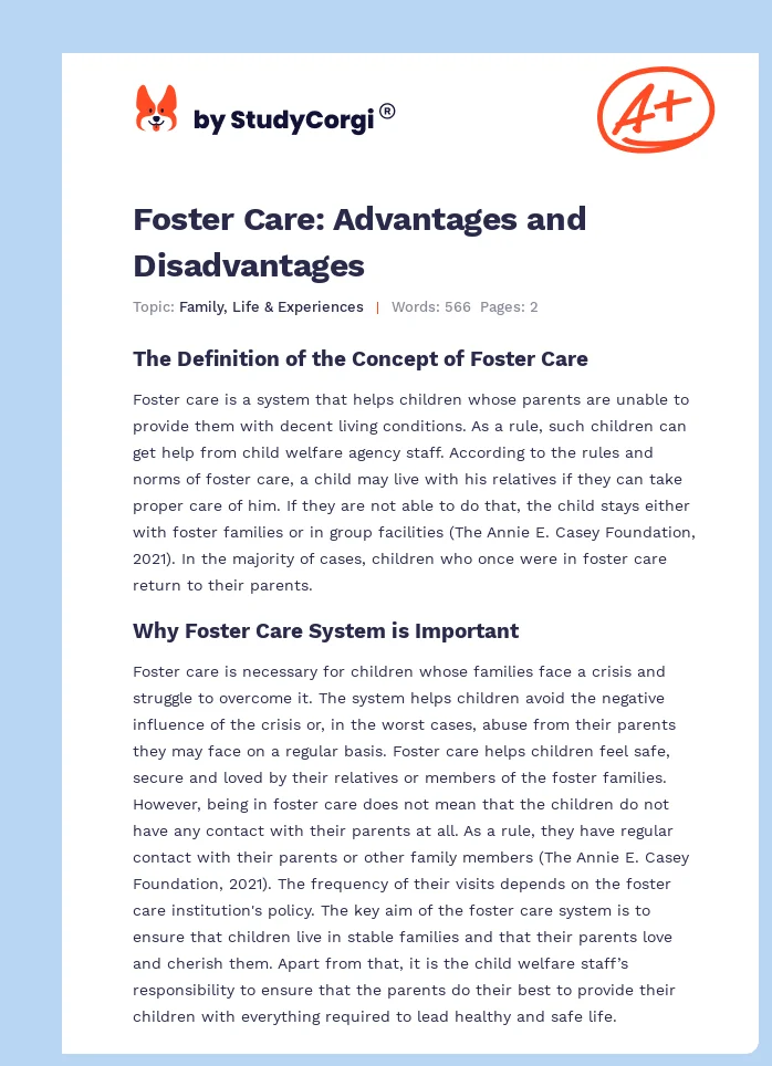Foster Care: Advantages and Disadvantages. Page 1