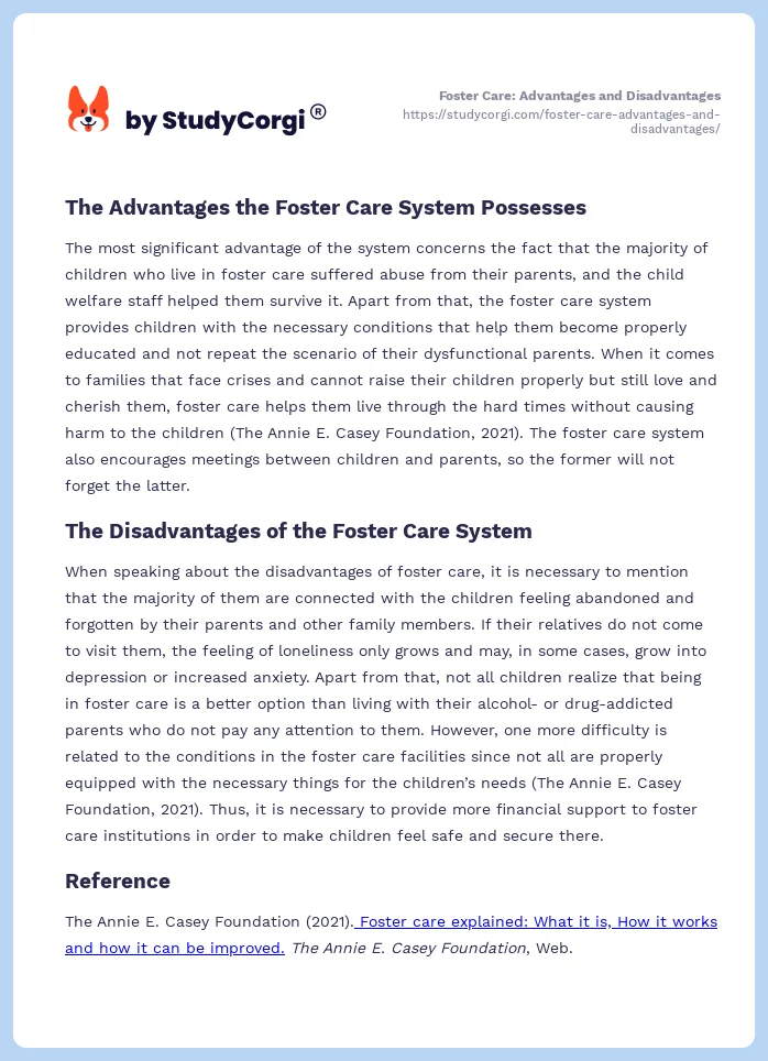 Foster Care: Advantages and Disadvantages. Page 2
