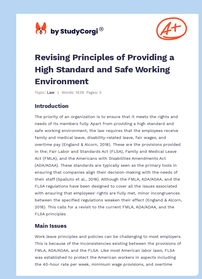Revising Principles of Providing a High Standard and Safe Working Environment. Page 1