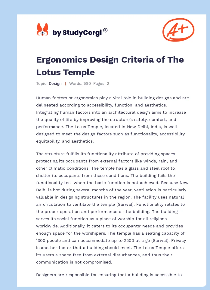 Ergonomics Design Criteria of The Lotus Temple. Page 1