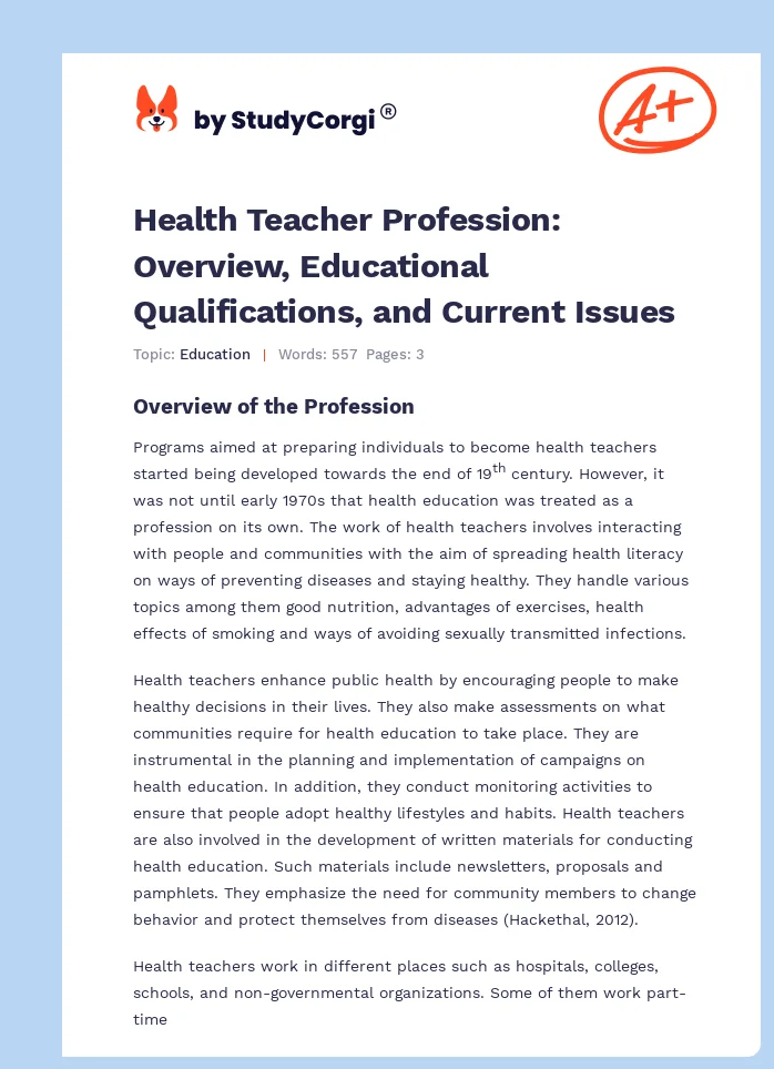 Health Teacher Profession: Overview, Educational Qualifications, and Current Issues. Page 1