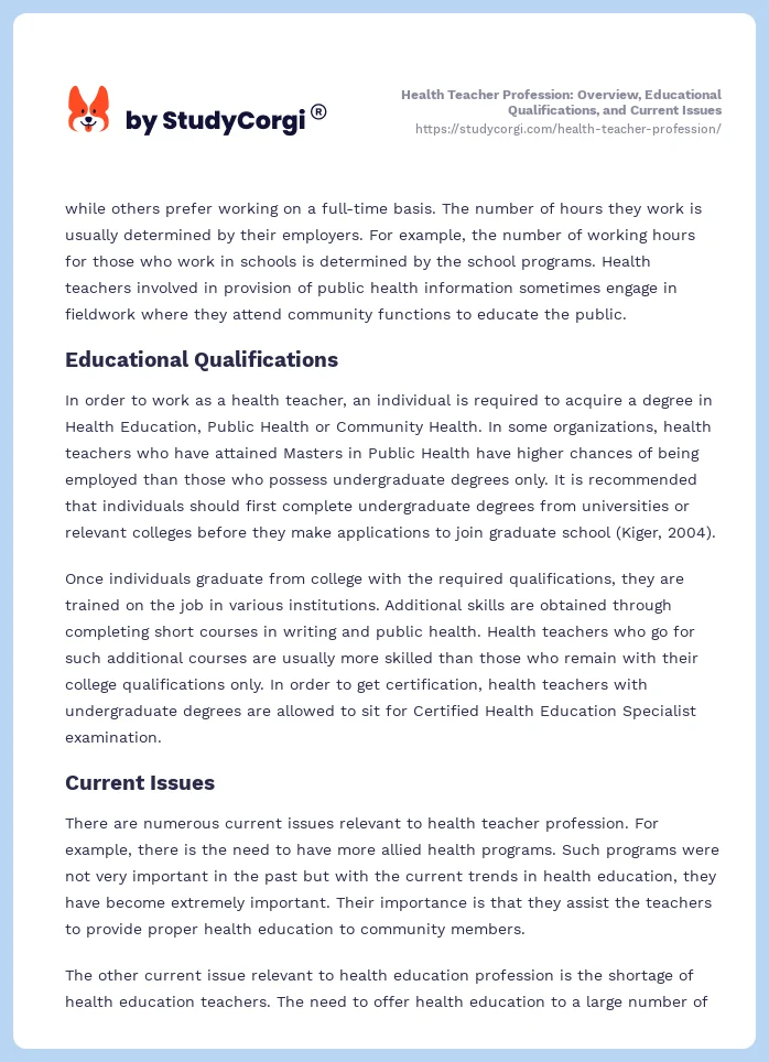 Health Teacher Profession: Overview, Educational Qualifications, and Current Issues. Page 2