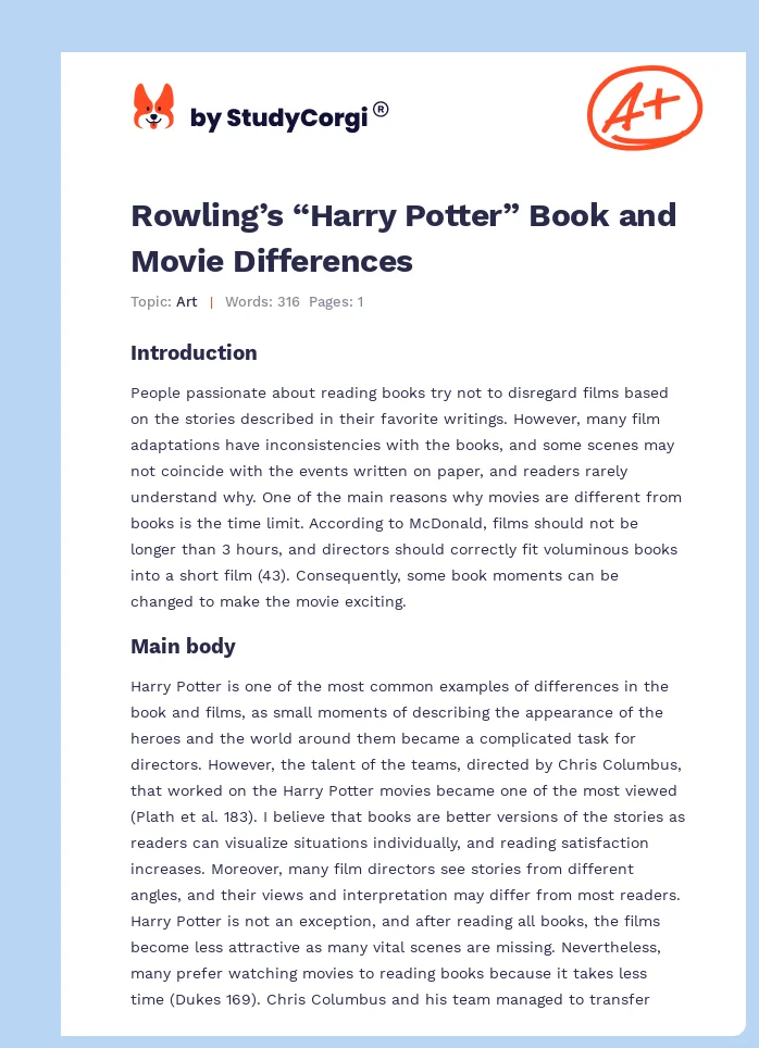 Rowling’s “Harry Potter” Book and Movie Differences. Page 1