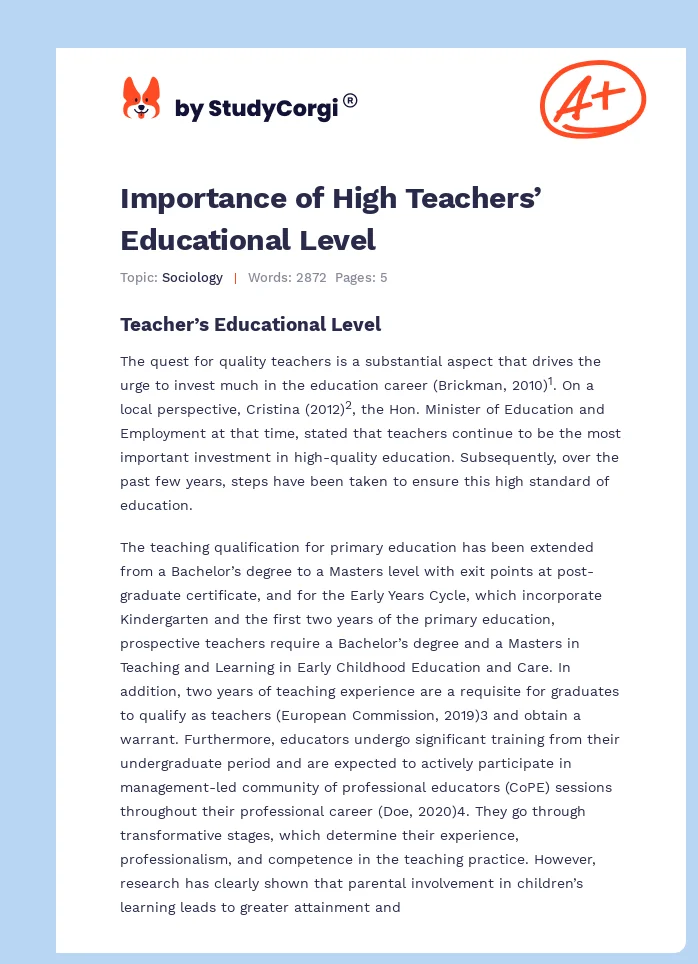 Importance of High Teachers’ Educational Level. Page 1