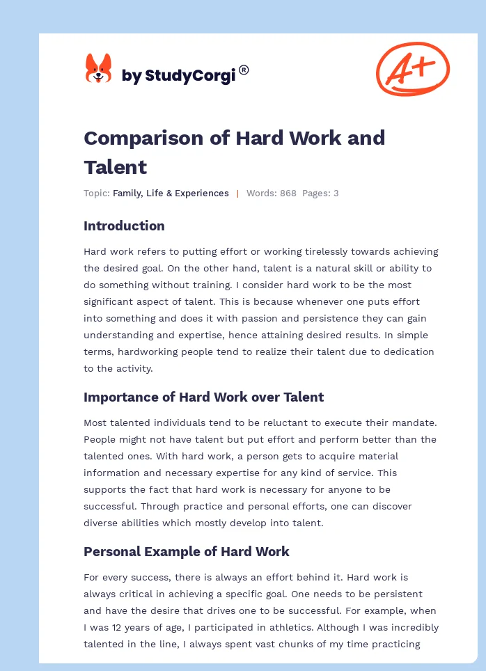 Comparison of Hard Work and Talent. Page 1