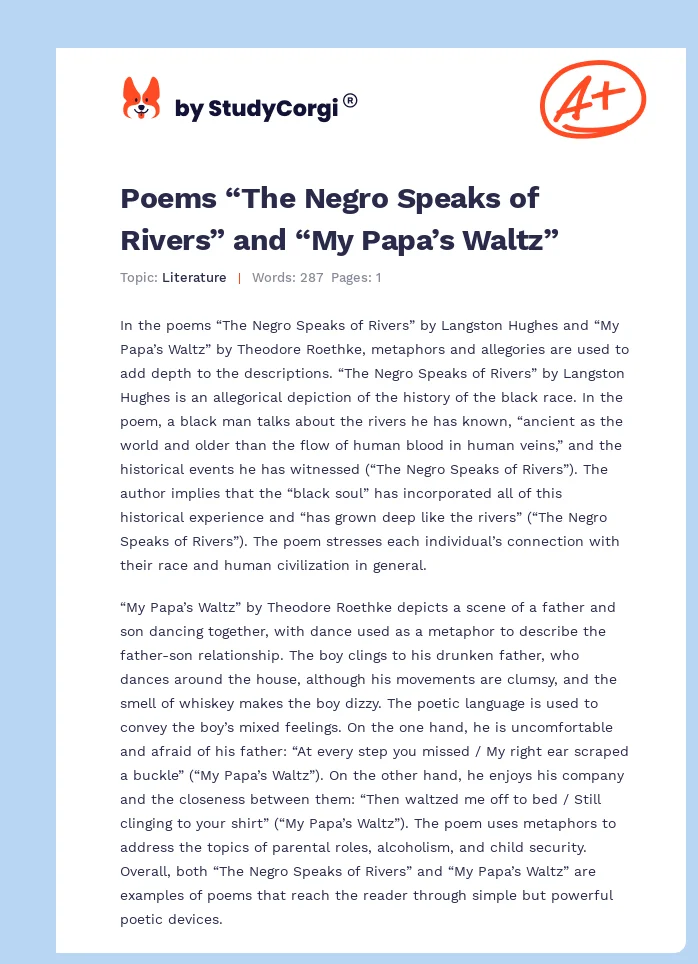Poems “The Negro Speaks of Rivers” and “My Papa’s Waltz”. Page 1