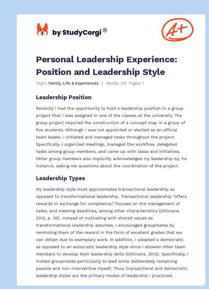 Personal Leadership Experience: Position and Leadership Style. Page 1