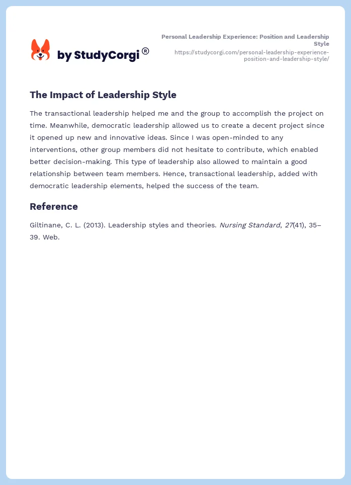 Personal Leadership Experience: Position and Leadership Style. Page 2
