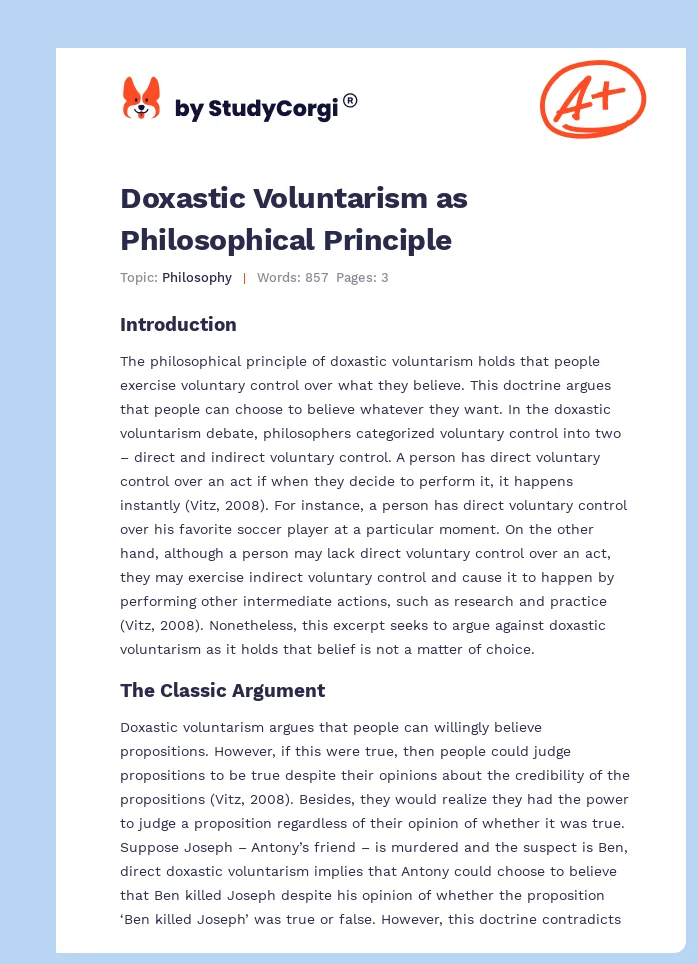 Doxastic Voluntarism as Philosophical Principle. Page 1