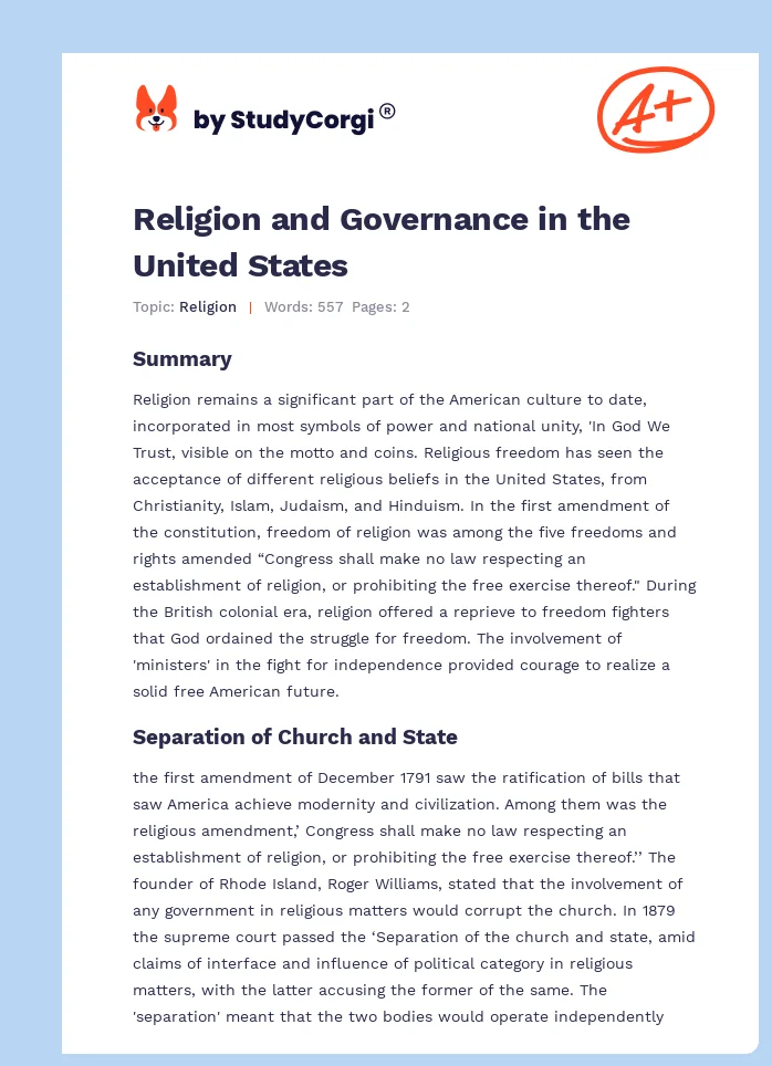 Religion and Governance in the United States. Page 1