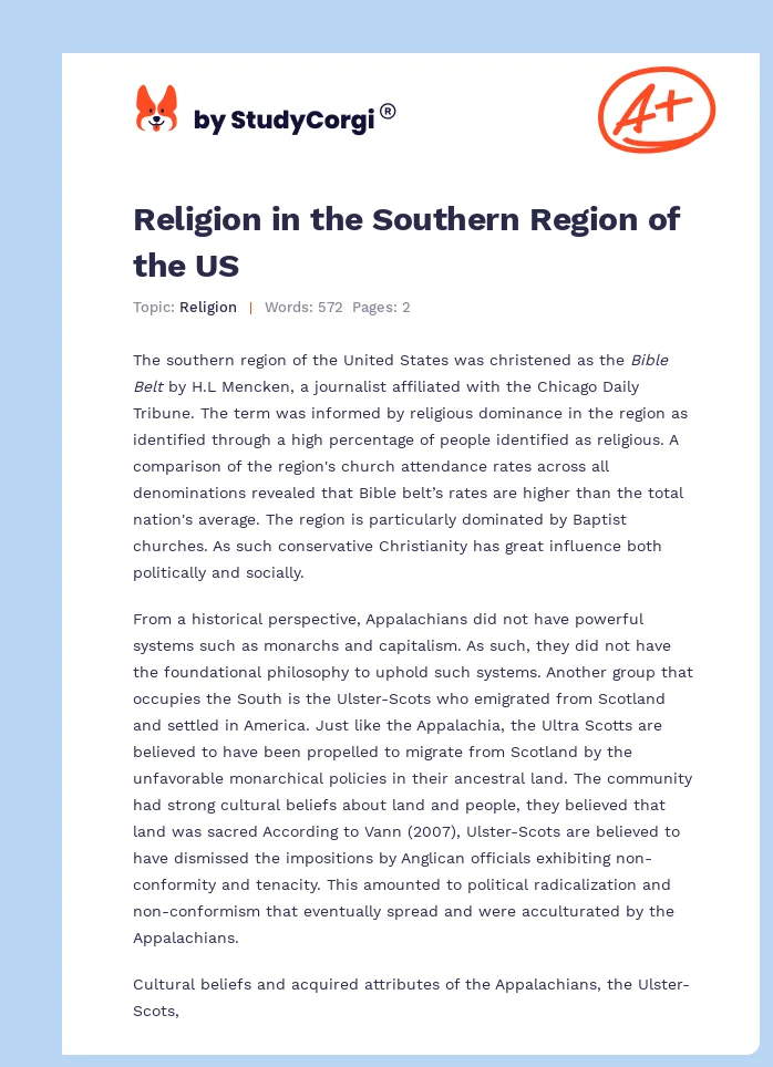 Religion in the Southern Region of the US. Page 1