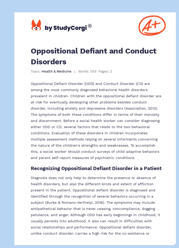 Oppositional Defiant and Conduct Disorders. Page 1