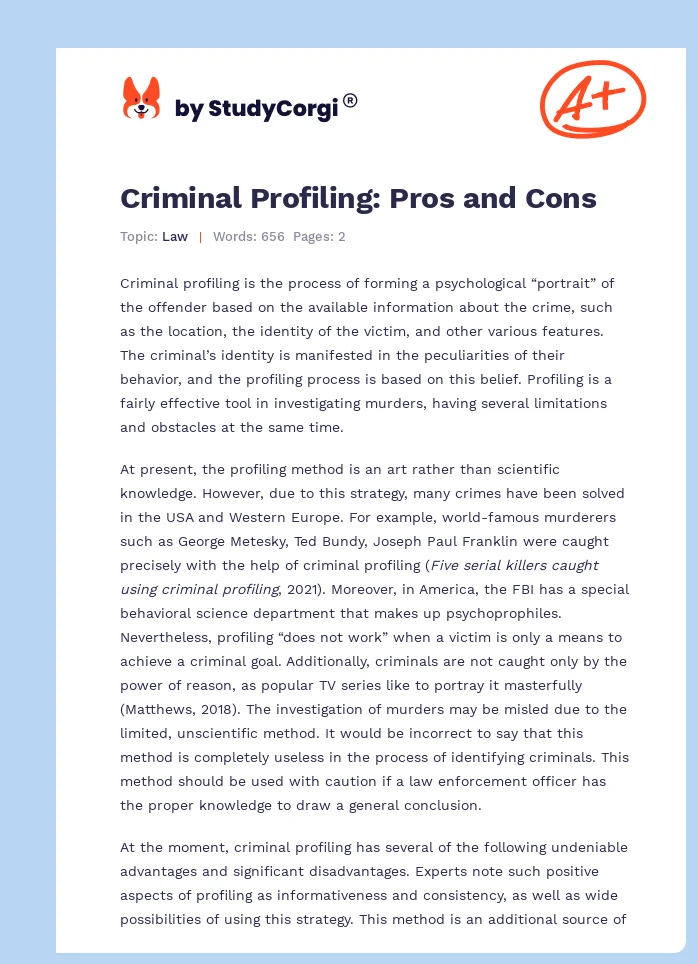 Criminal Profiling: Pros and Cons. Page 1