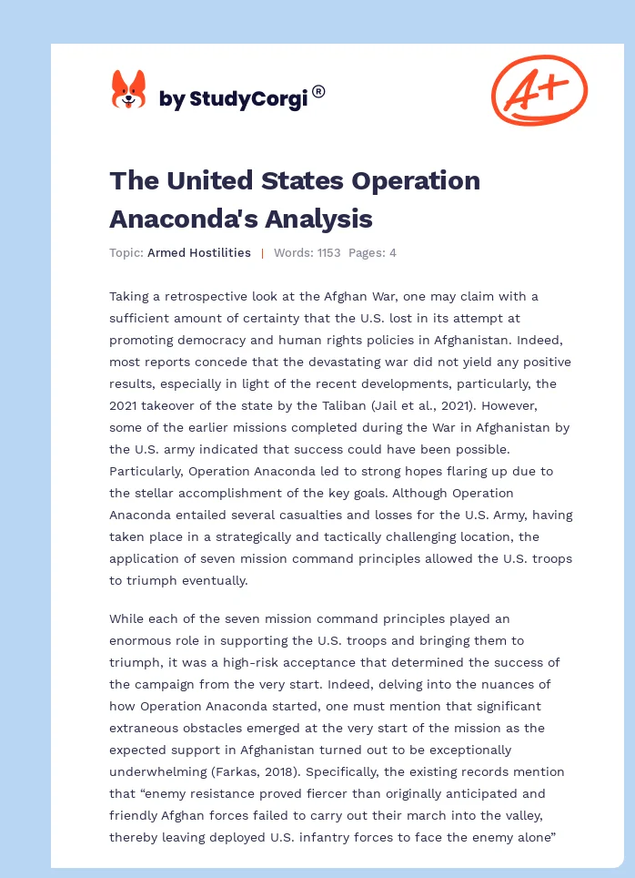 The United States Operation Anaconda's Analysis. Page 1