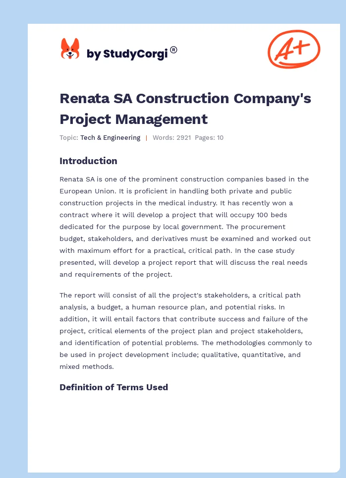 Renata SA Construction Company's Project Management. Page 1