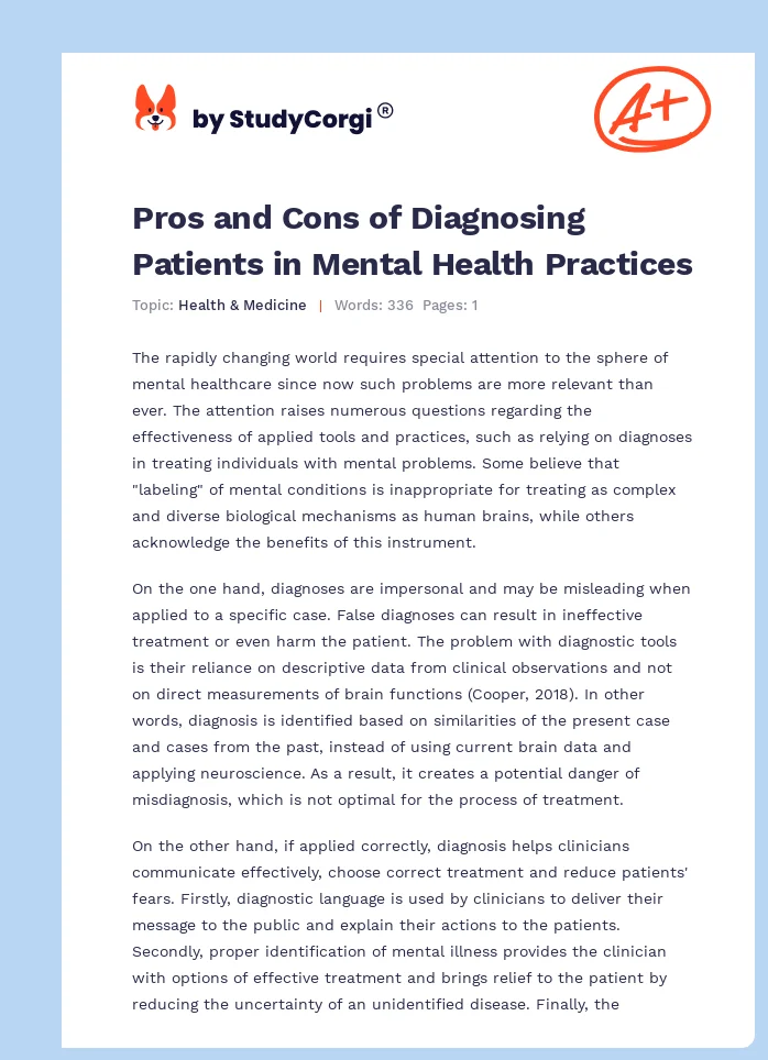 Pros and Cons of Diagnosing Patients in Mental Health Practices. Page 1
