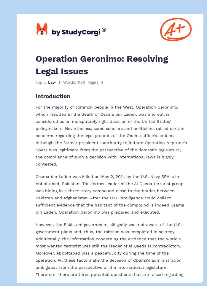 Operation Geronimo: Resolving Legal Issues. Page 1
