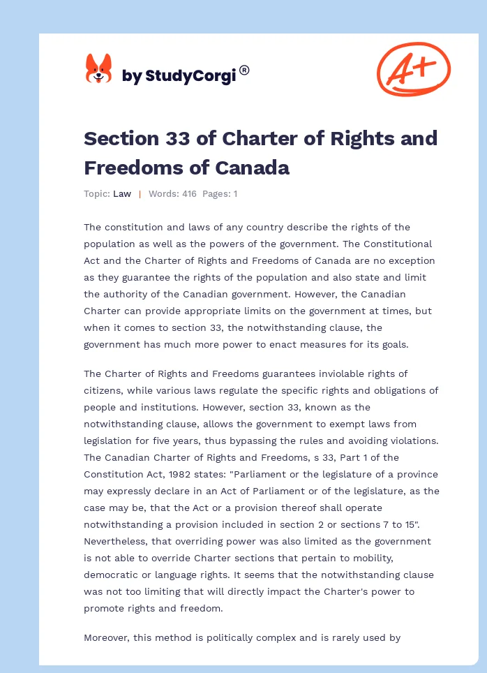 Section 33 of Charter of Rights and Freedoms of Canada. Page 1