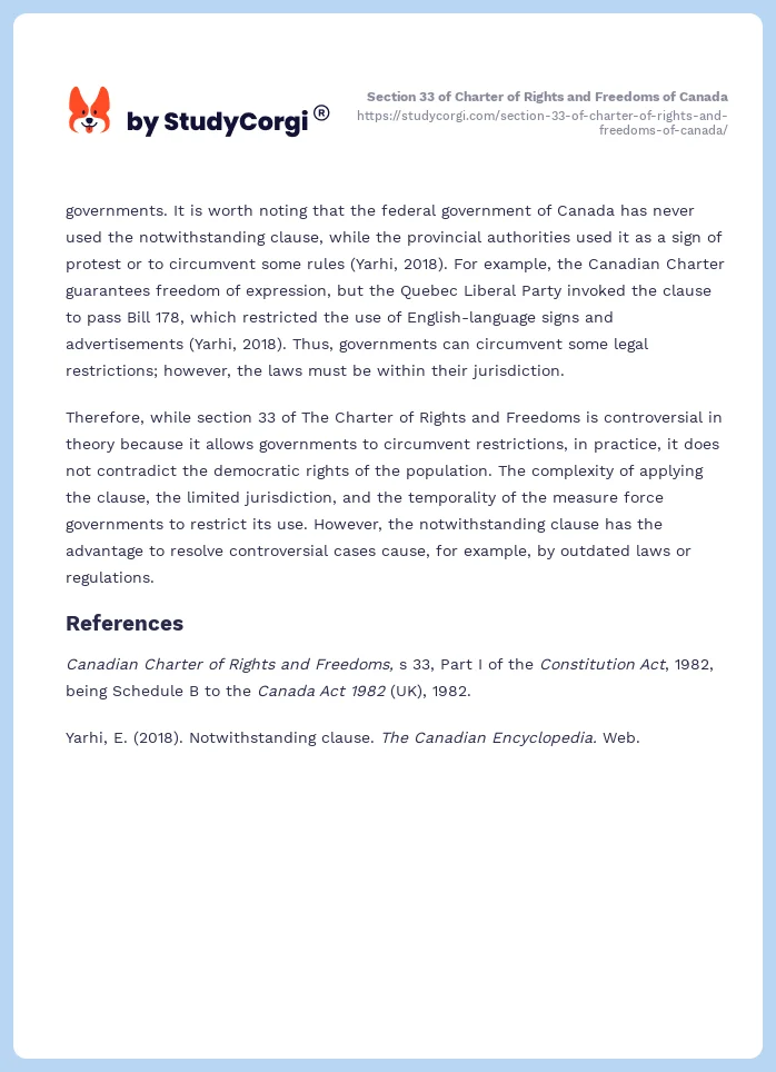 Section 33 of Charter of Rights and Freedoms of Canada. Page 2