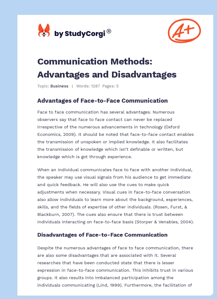 Communication Methods: Advantages and Disadvantages. Page 1