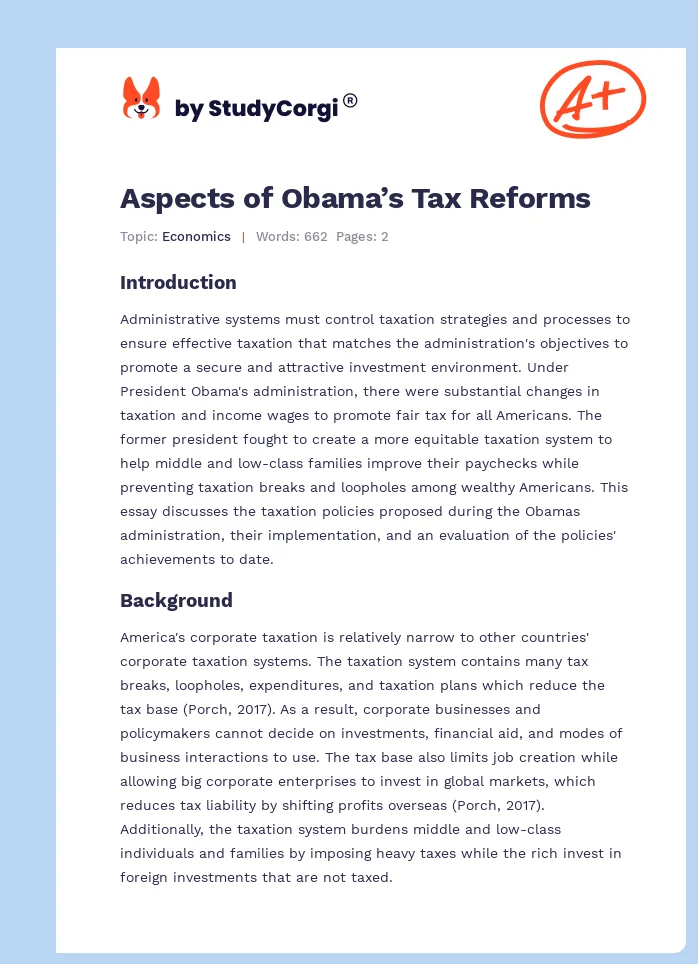 Aspects of Obama’s Tax Reforms. Page 1