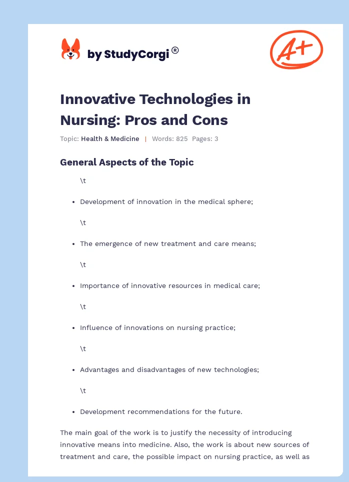 Innovative Technologies in Nursing: Pros and Cons. Page 1