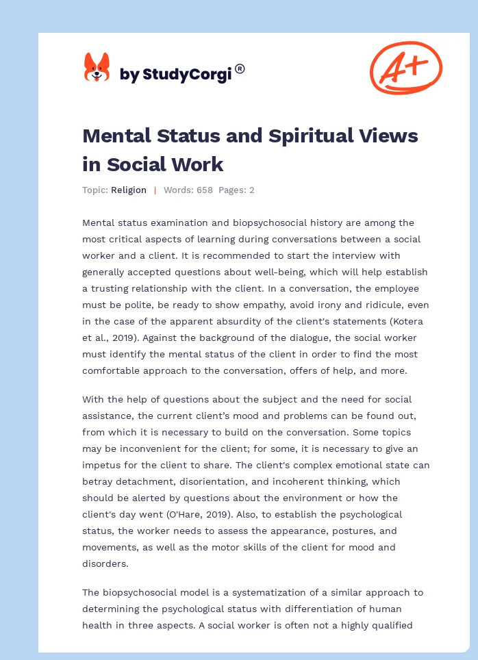 Mental Status and Spiritual Views in Social Work. Page 1