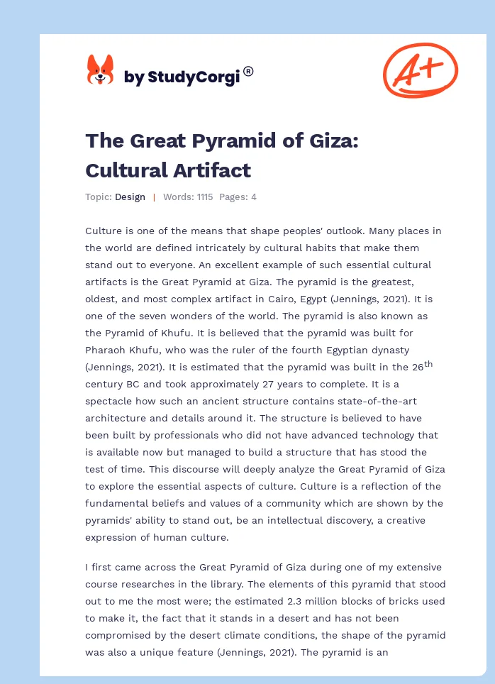 The Great Pyramid of Giza: Cultural Artifact. Page 1