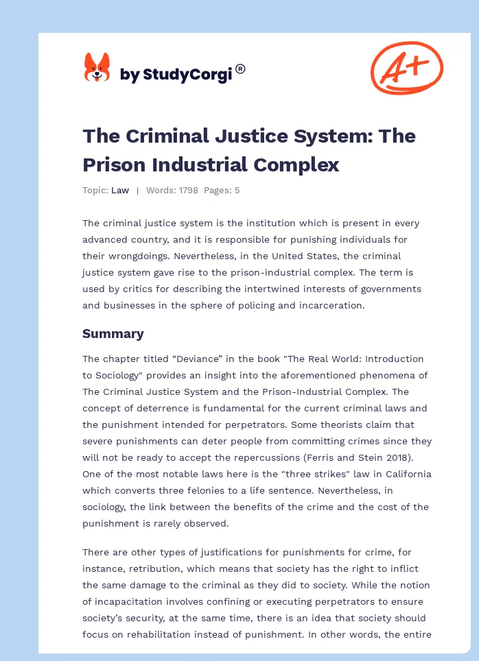 The Criminal Justice System: The Prison Industrial Complex. Page 1