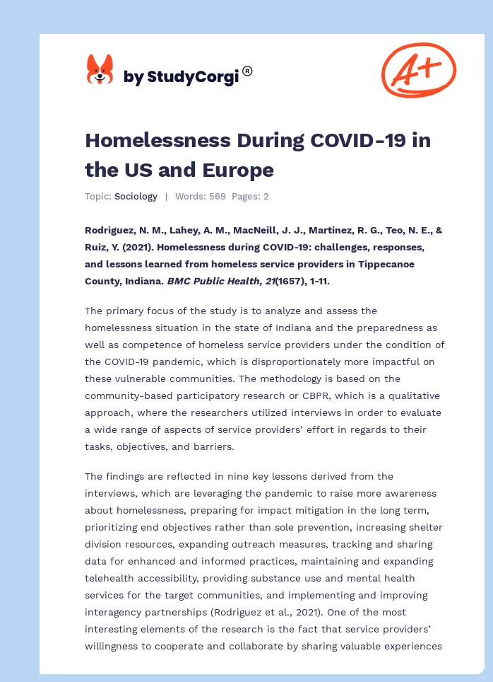 Homelessness During COVID-19 in the US and Europe. Page 1