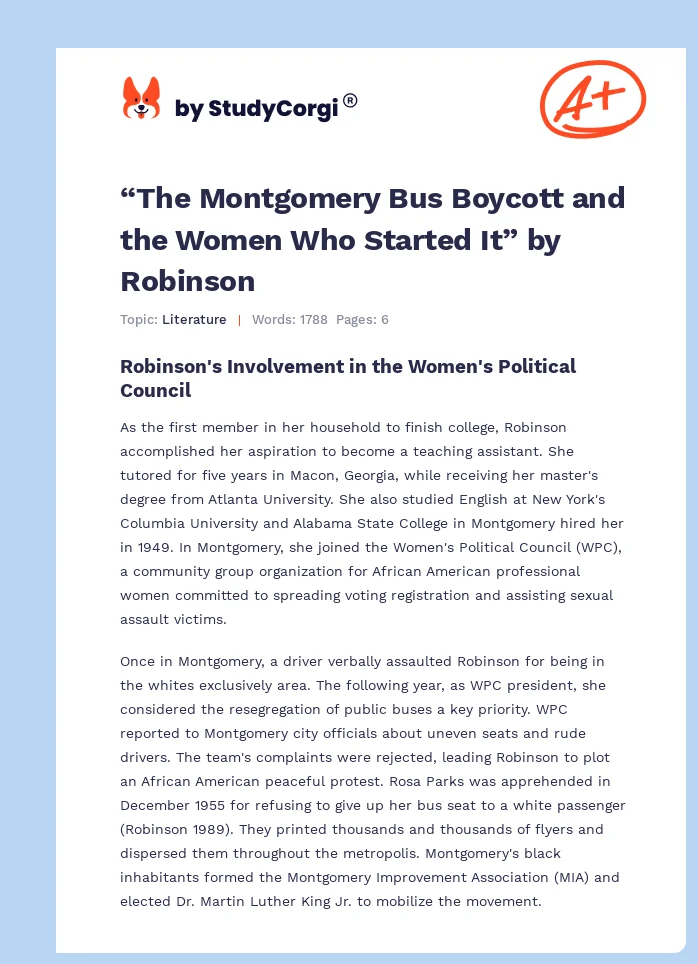 “The Montgomery Bus Boycott and the Women Who Started It” by Robinson. Page 1