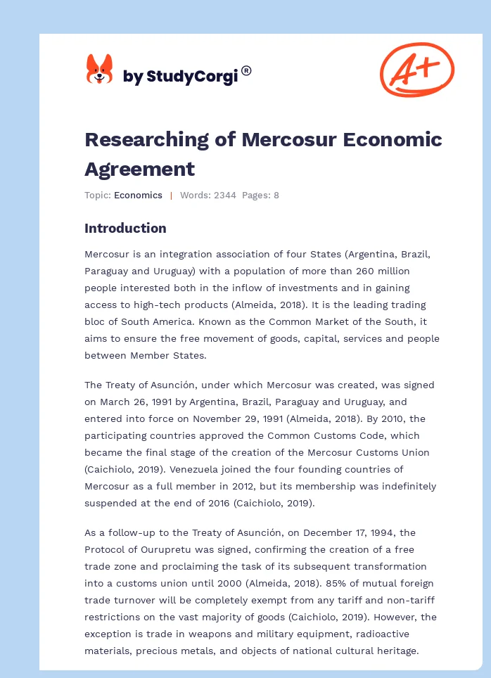 Researching of Mercosur Economic Agreement. Page 1