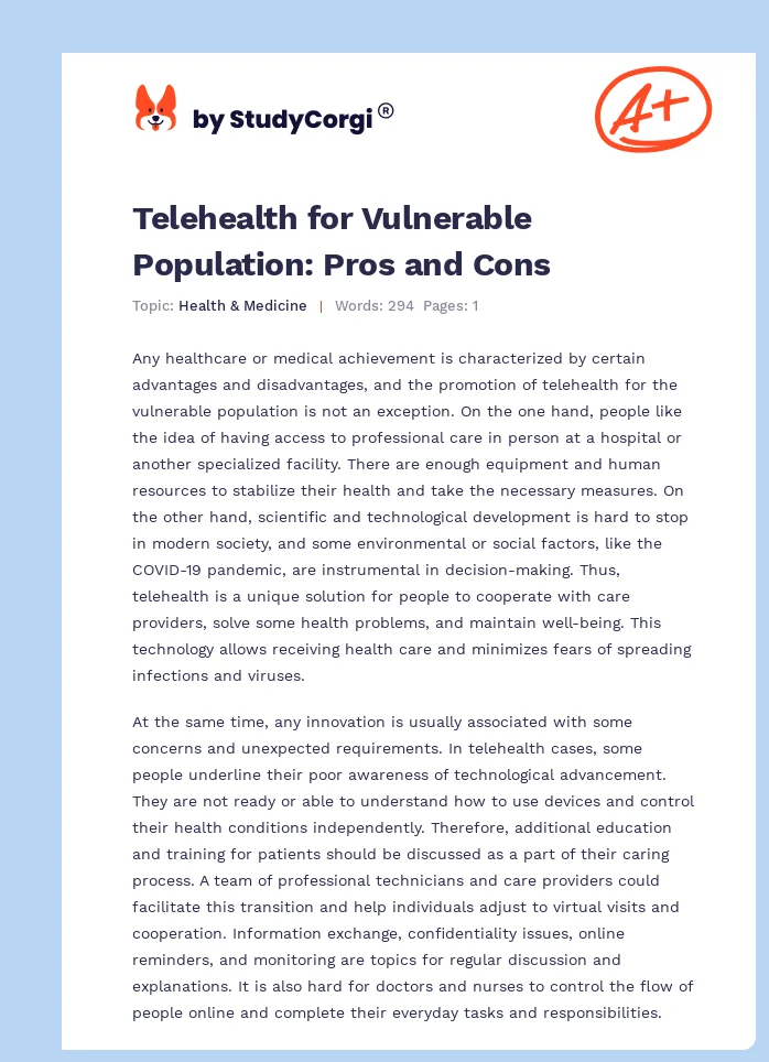 Telehealth for Vulnerable Population: Pros and Cons. Page 1
