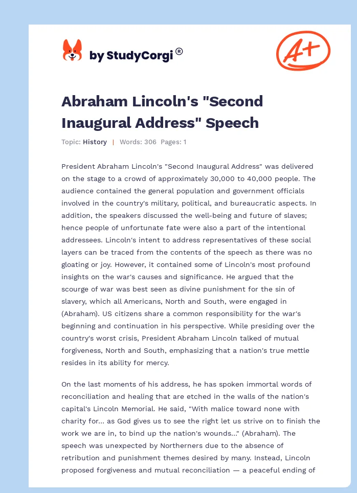 Abraham Lincoln's "Second Inaugural Address" Speech. Page 1