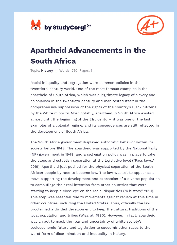 Apartheid Advancements in the South Africa. Page 1