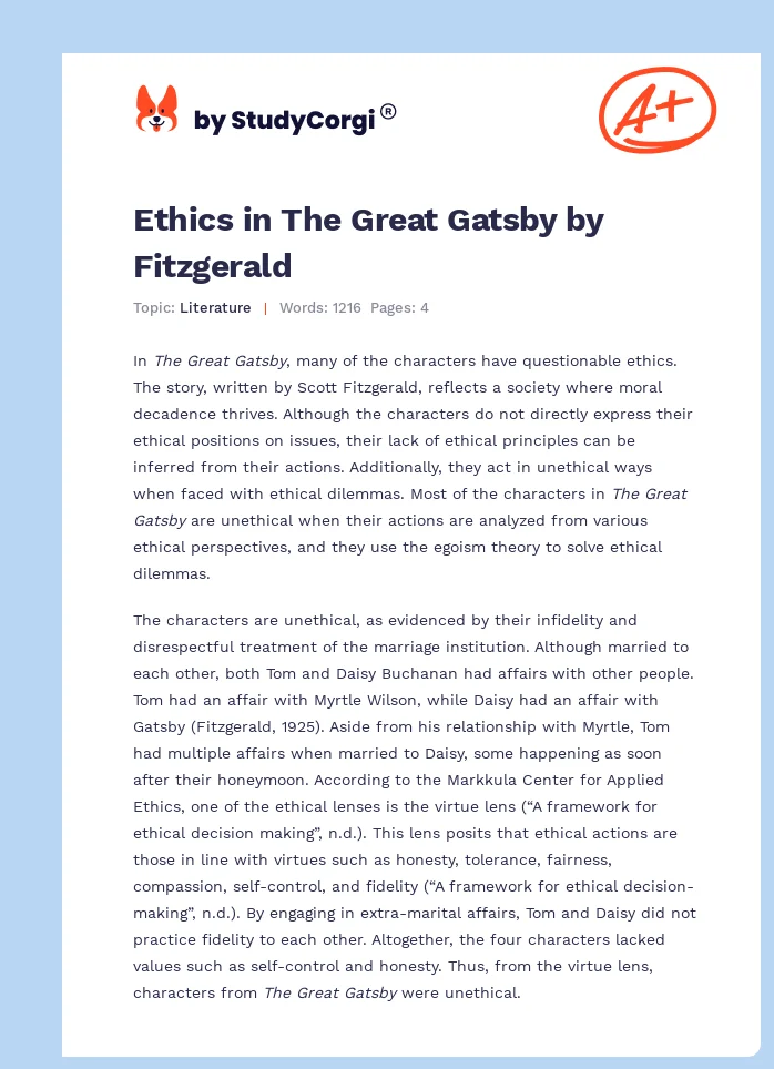 Ethics in The Great Gatsby by Fitzgerald. Page 1