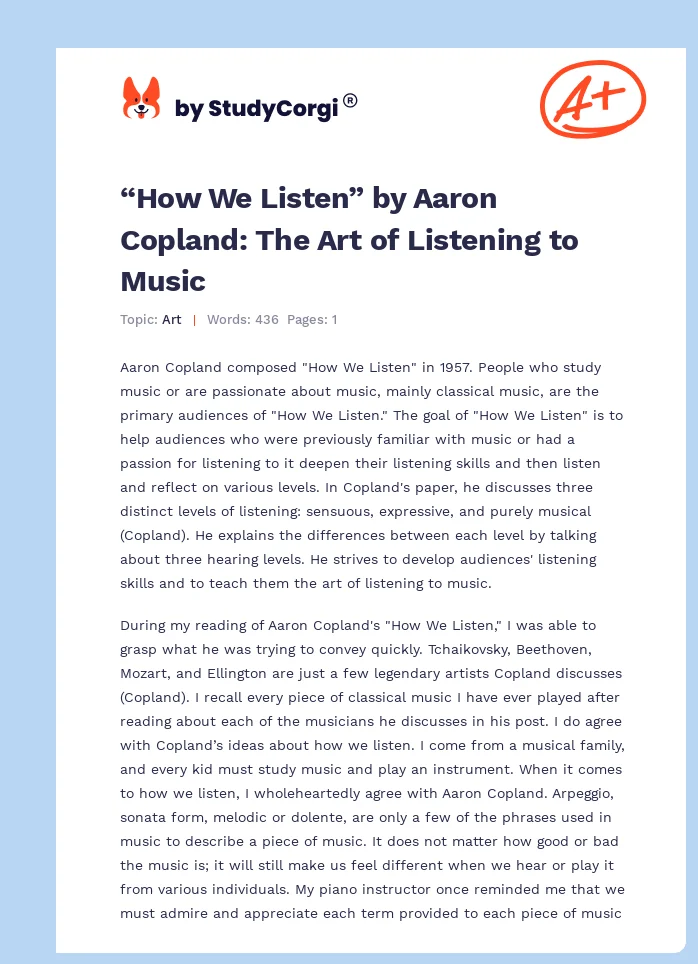“How We Listen” by Aaron Copland: The Art of Listening to Music. Page 1