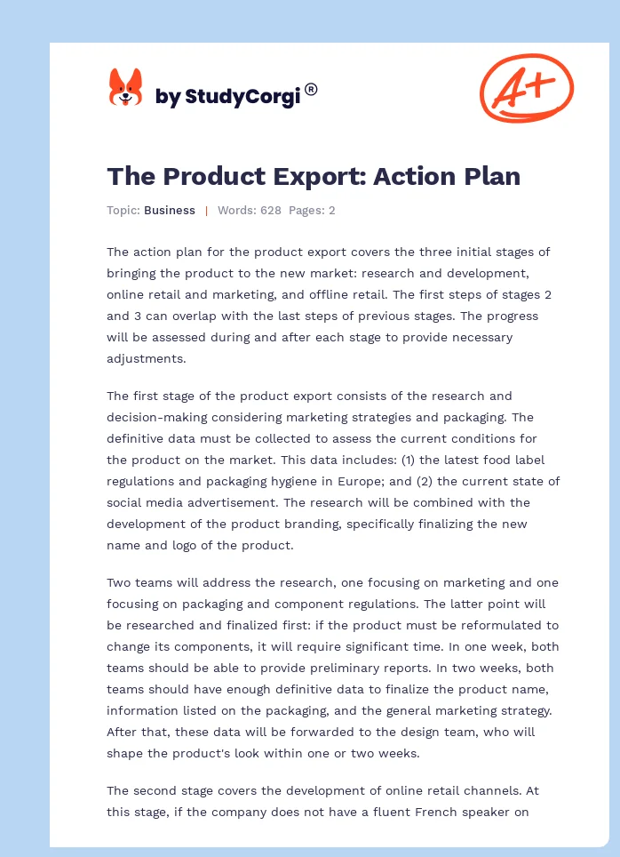 The Product Export: Action Plan. Page 1
