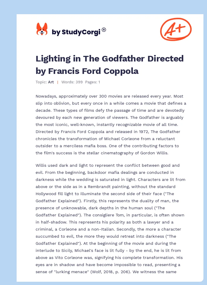 Lighting in The Godfather Directed by Francis Ford Coppola. Page 1
