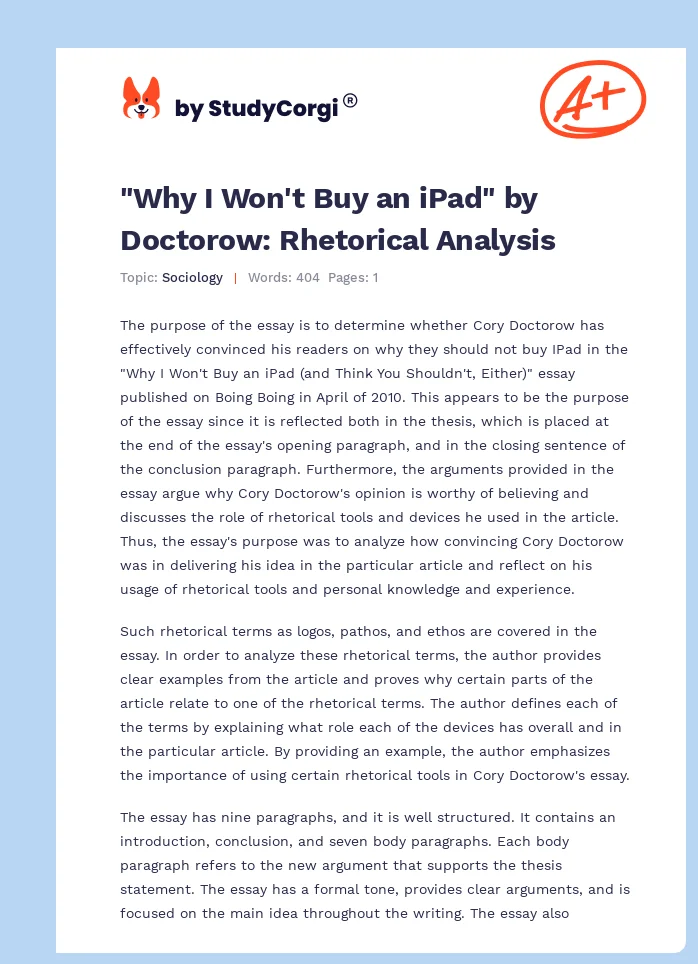 "Why I Won't Buy an iPad" by Doctorow: Rhetorical Analysis. Page 1